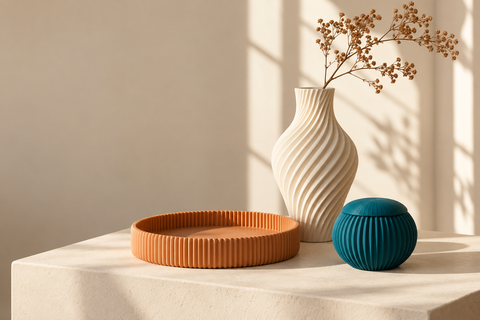 Vaso espiral marfim, bandeja cobre e pote petróleo com texturas de impressão 3D